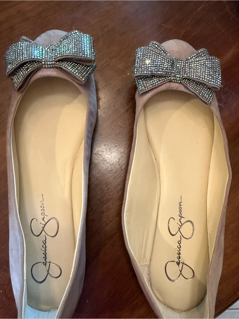 Jessica Simpson Tan Suede Flats with Crystal Bow Accent